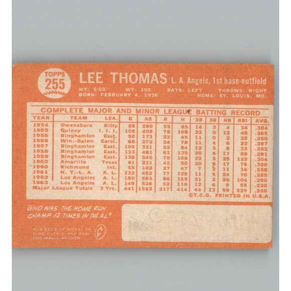 1964 Topps Baseball Card Lee Thomas Los Angeles Angels #255 - Picture 2 of 2